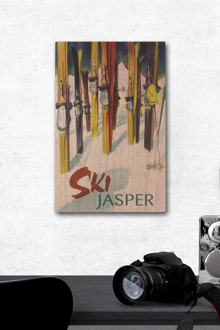 Jasper, Canada, Ski, Colorful Skis, Lantern Press Artwork, Wood Signs and Postcards - Lantern Press