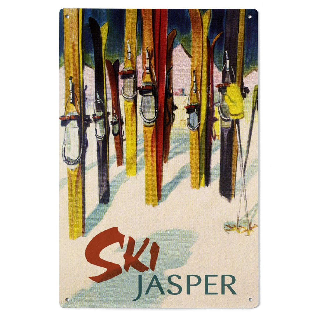 Jasper, Canada, Ski, Colorful Skis, Lantern Press Artwork, Wood Signs and Postcards - Lantern Press