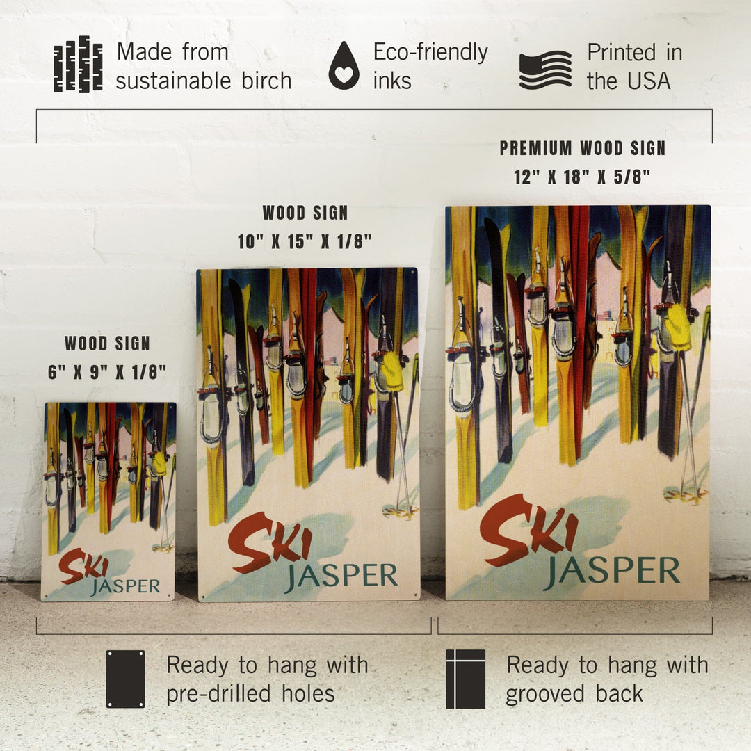 Jasper, Canada, Ski, Colorful Skis, Lantern Press Artwork, Wood Signs and Postcards - Lantern Press