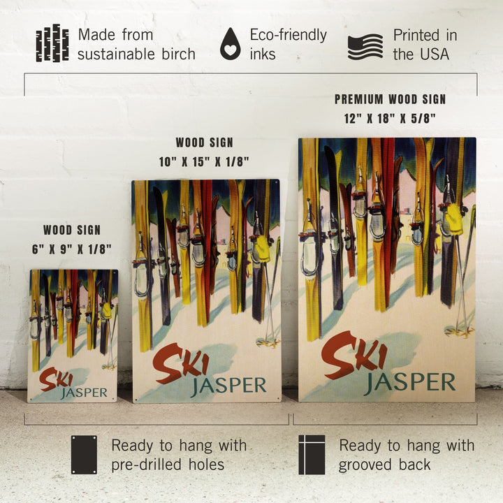 Jasper, Canada, Ski, Colorful Skis, Lantern Press Artwork, Wood Signs and Postcards - Lantern Press