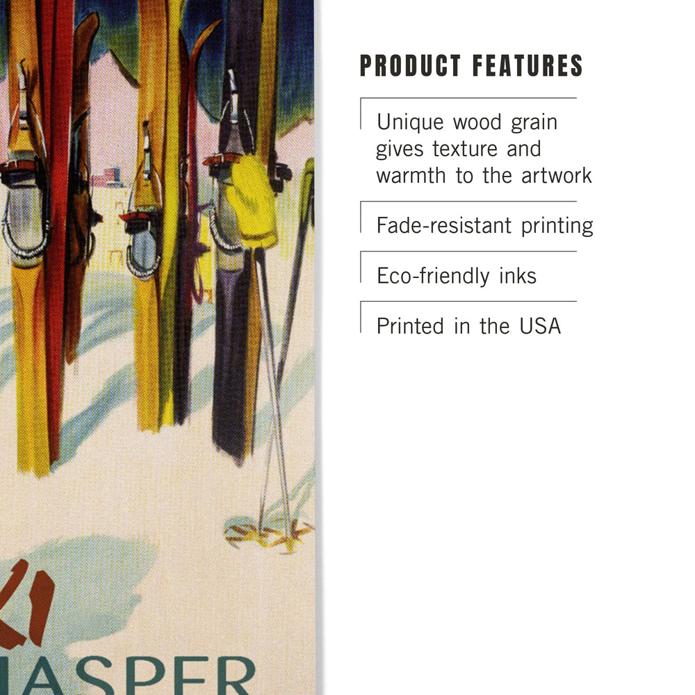 Jasper, Canada, Ski, Colorful Skis, Lantern Press Artwork, Wood Signs and Postcards - Lantern Press