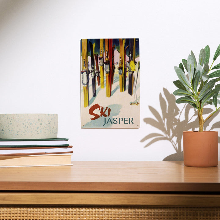 Jasper, Canada, Ski, Colorful Skis, Lantern Press Artwork, Wood Signs and Postcards - Lantern Press
