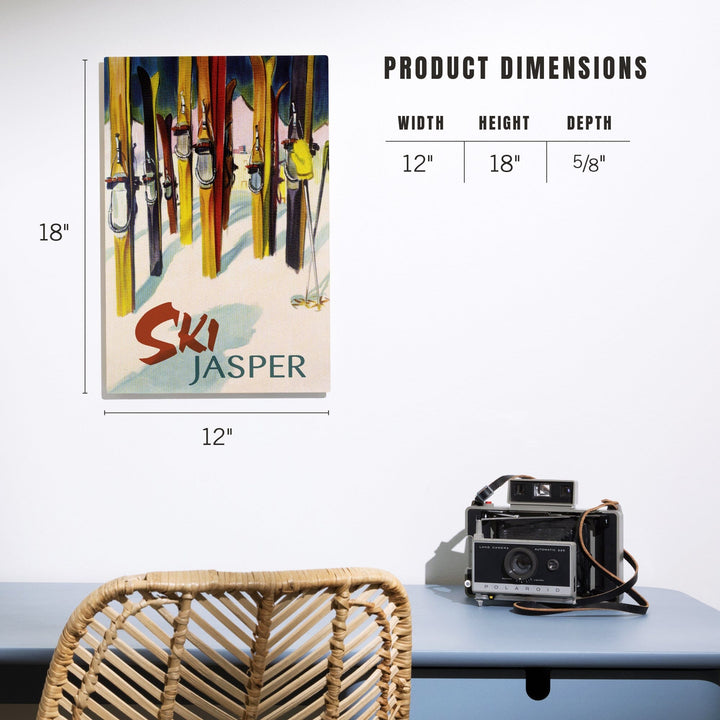 Jasper, Canada, Ski, Colorful Skis, Lantern Press Artwork, Wood Signs and Postcards - Lantern Press