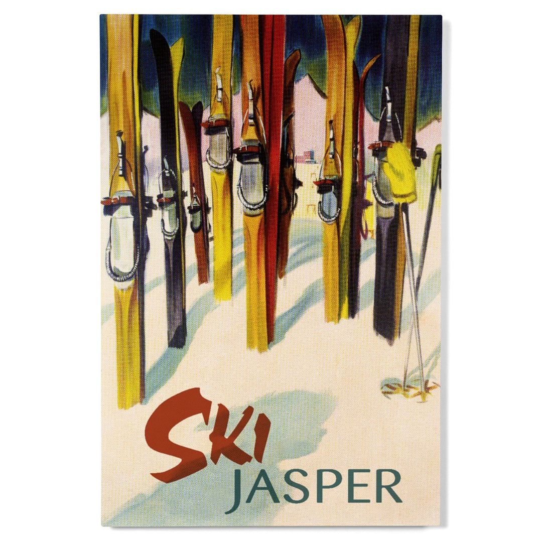 Jasper, Canada, Ski, Colorful Skis, Lantern Press Artwork, Wood Signs and Postcards - Lantern Press