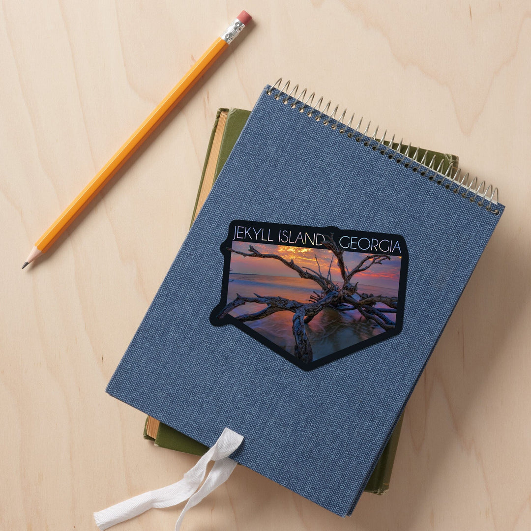Jekyll Island, Georgia, Driftwood & Sunset, Contour, Lantern Press Photography, Vinyl Sticker - Lantern Press