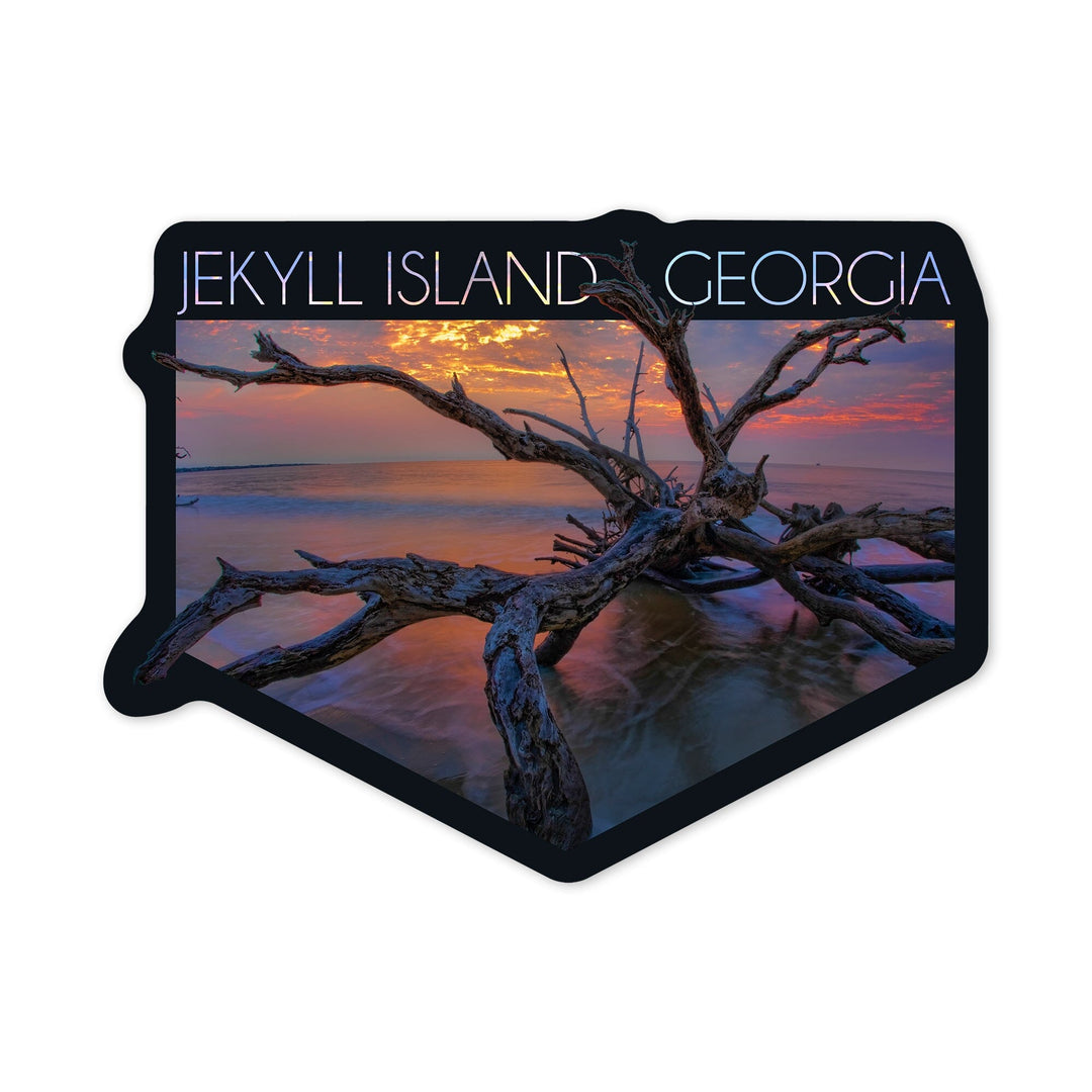 Jekyll Island, Georgia, Driftwood & Sunset, Contour, Lantern Press Photography, Vinyl Sticker - Lantern Press