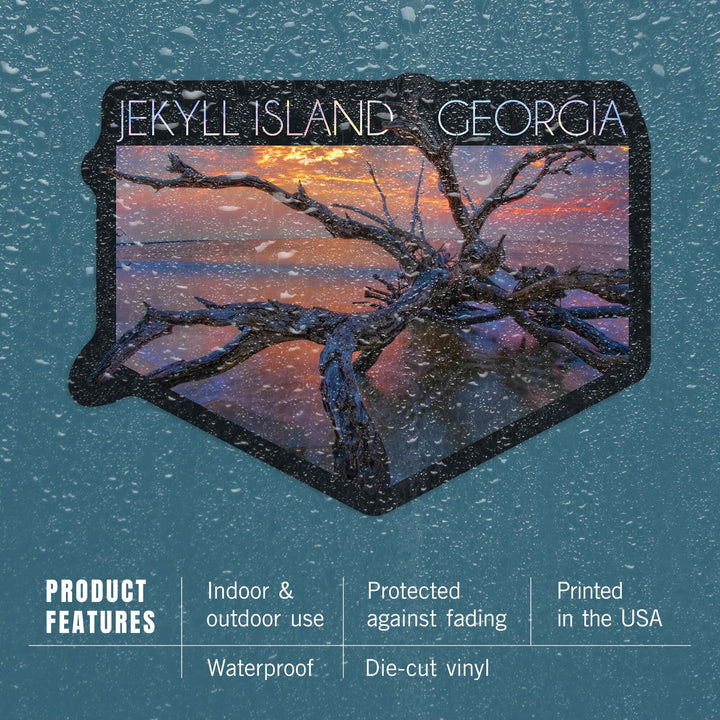 Jekyll Island, Georgia, Driftwood & Sunset, Contour, Lantern Press Photography, Vinyl Sticker - Lantern Press