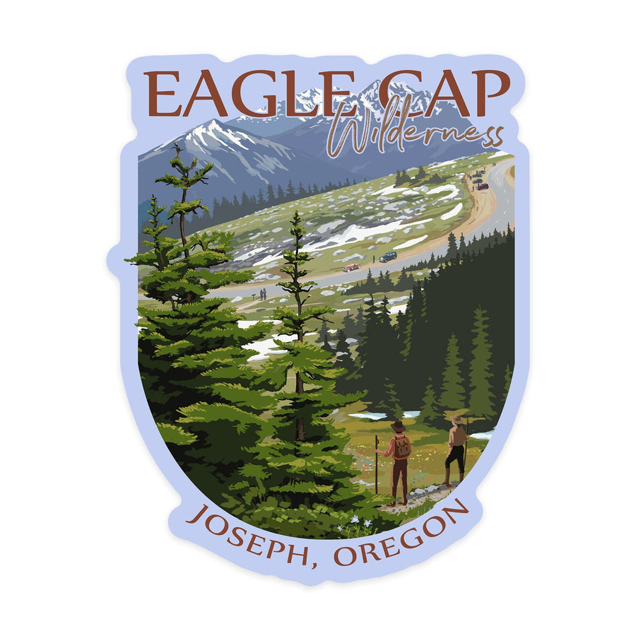 Joseph, Oregon, Eagle Cap Wilderness, Trail Ridge Road and Hikers, Contour, Vinyl Sticker - Lantern Press