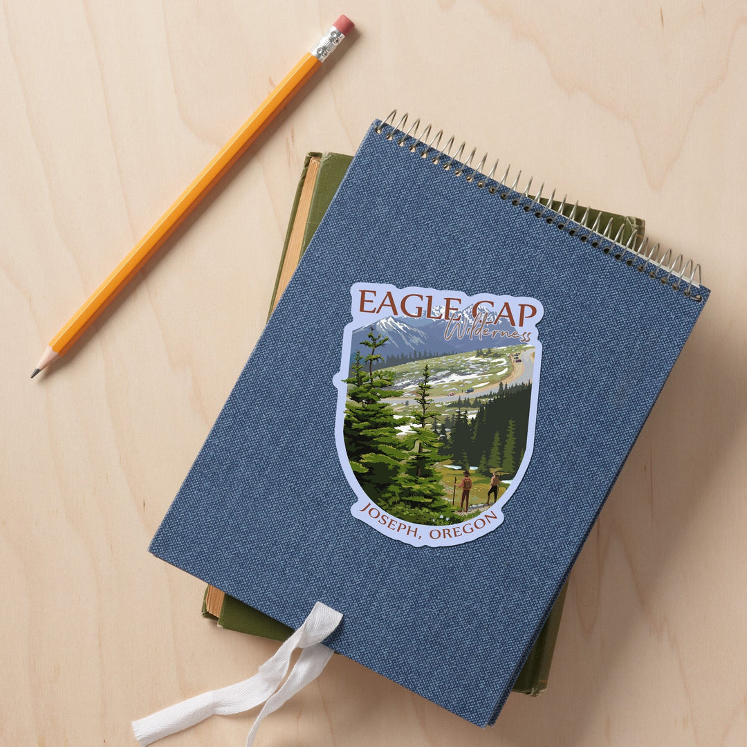 Joseph, Oregon, Eagle Cap Wilderness, Trail Ridge Road and Hikers, Contour, Vinyl Sticker - Lantern Press