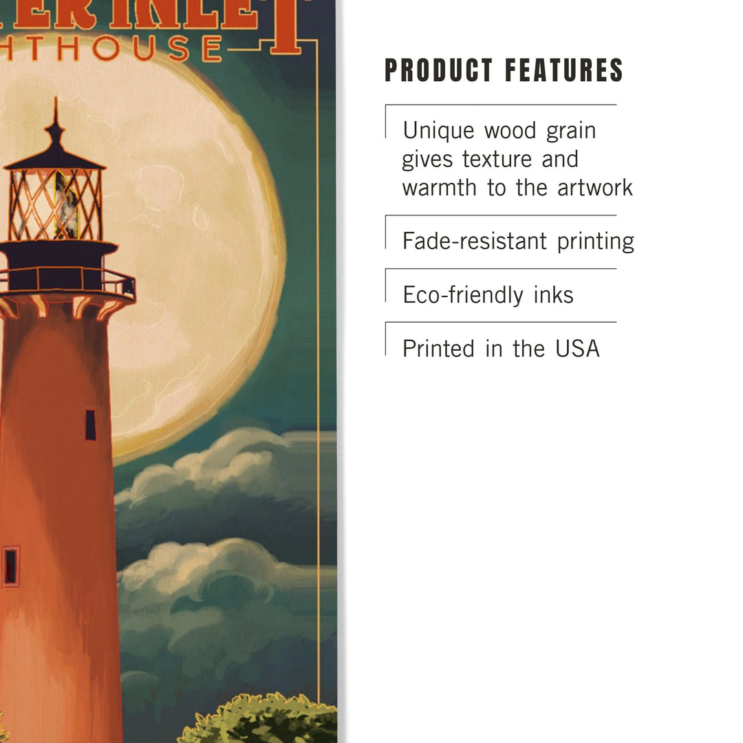 Jupiter, Florida, Jupiter Lighthouse and Moon, Lantern Press Artwork, Wood Signs and Postcards - Lantern Press