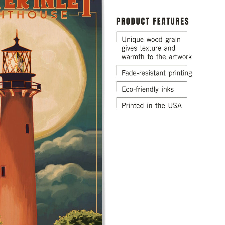 Jupiter, Florida, Jupiter Lighthouse and Moon, Lantern Press Artwork, Wood Signs and Postcards - Lantern Press
