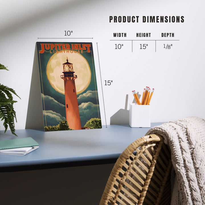 Jupiter, Florida, Jupiter Lighthouse and Moon, Lantern Press Artwork, Wood Signs and Postcards - Lantern Press