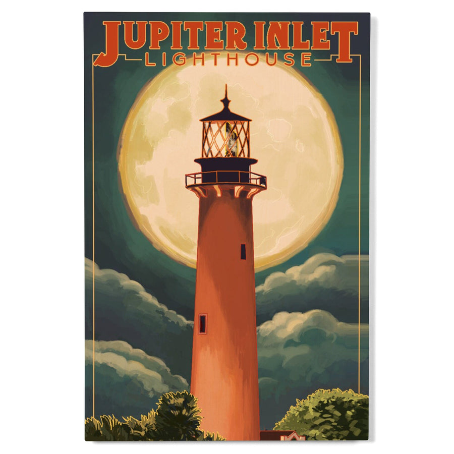 Jupiter, Florida, Jupiter Lighthouse and Moon, Lantern Press Artwork, Wood Signs and Postcards - Lantern Press