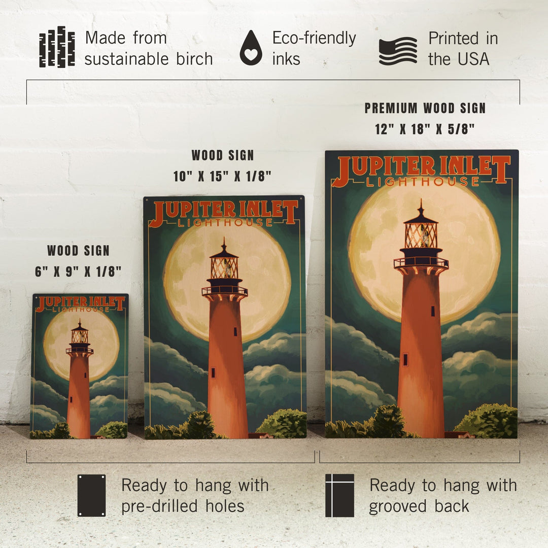 Jupiter, Florida, Jupiter Lighthouse and Moon, Lantern Press Artwork, Wood Signs and Postcards - Lantern Press