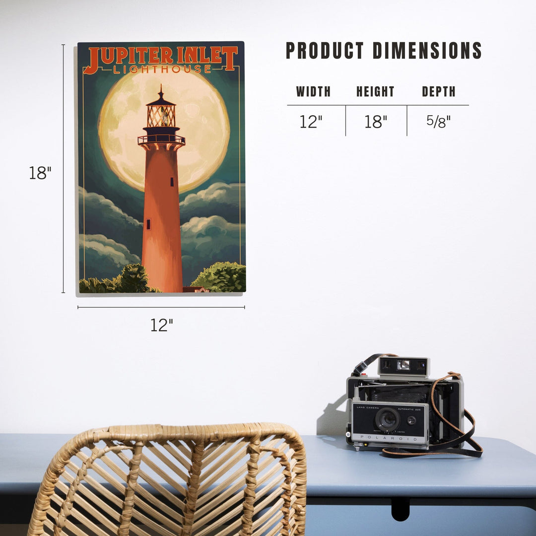 Jupiter, Florida, Jupiter Lighthouse and Moon, Lantern Press Artwork, Wood Signs and Postcards - Lantern Press