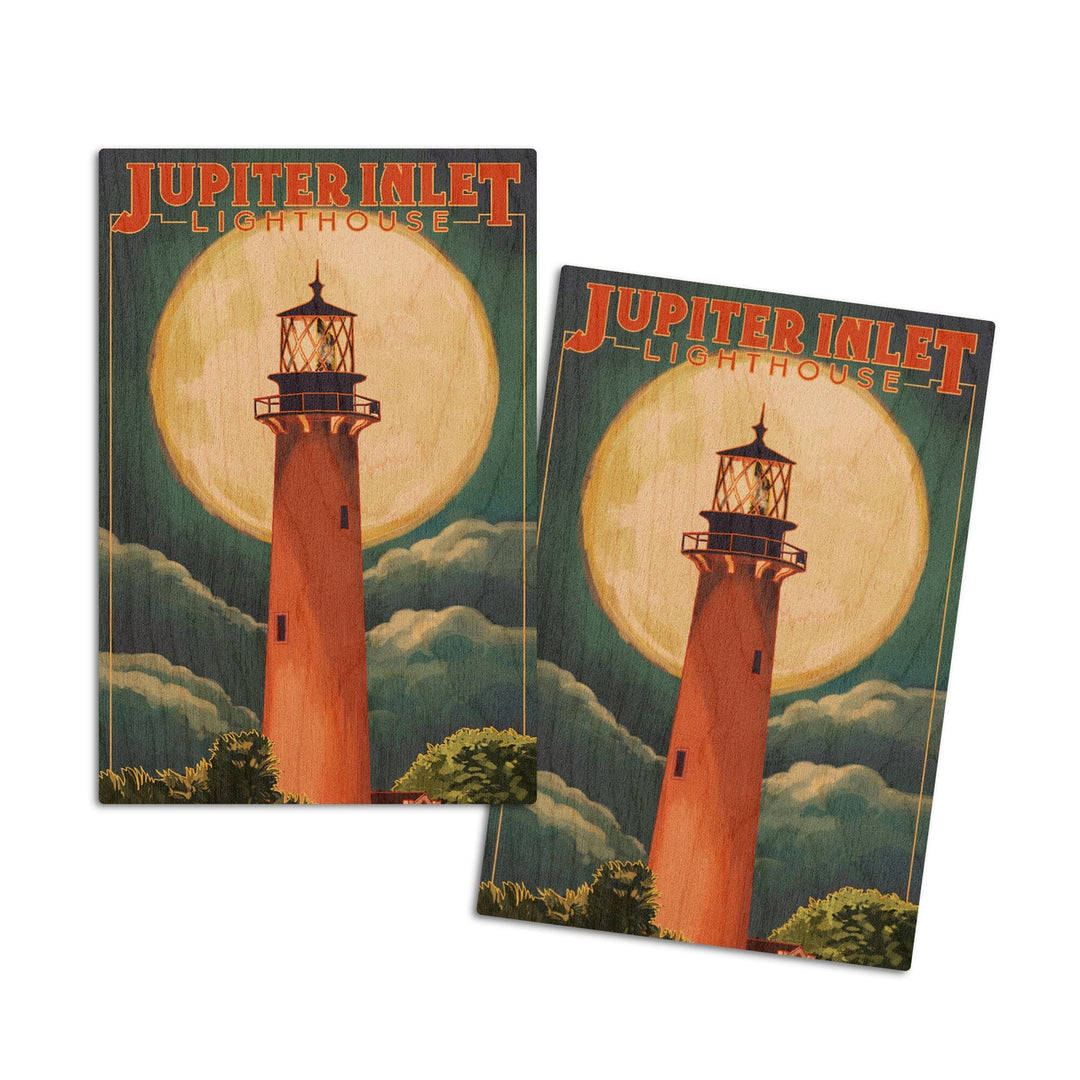 Jupiter, Florida, Jupiter Lighthouse and Moon, Lantern Press Artwork, Wood Signs and Postcards - Lantern Press