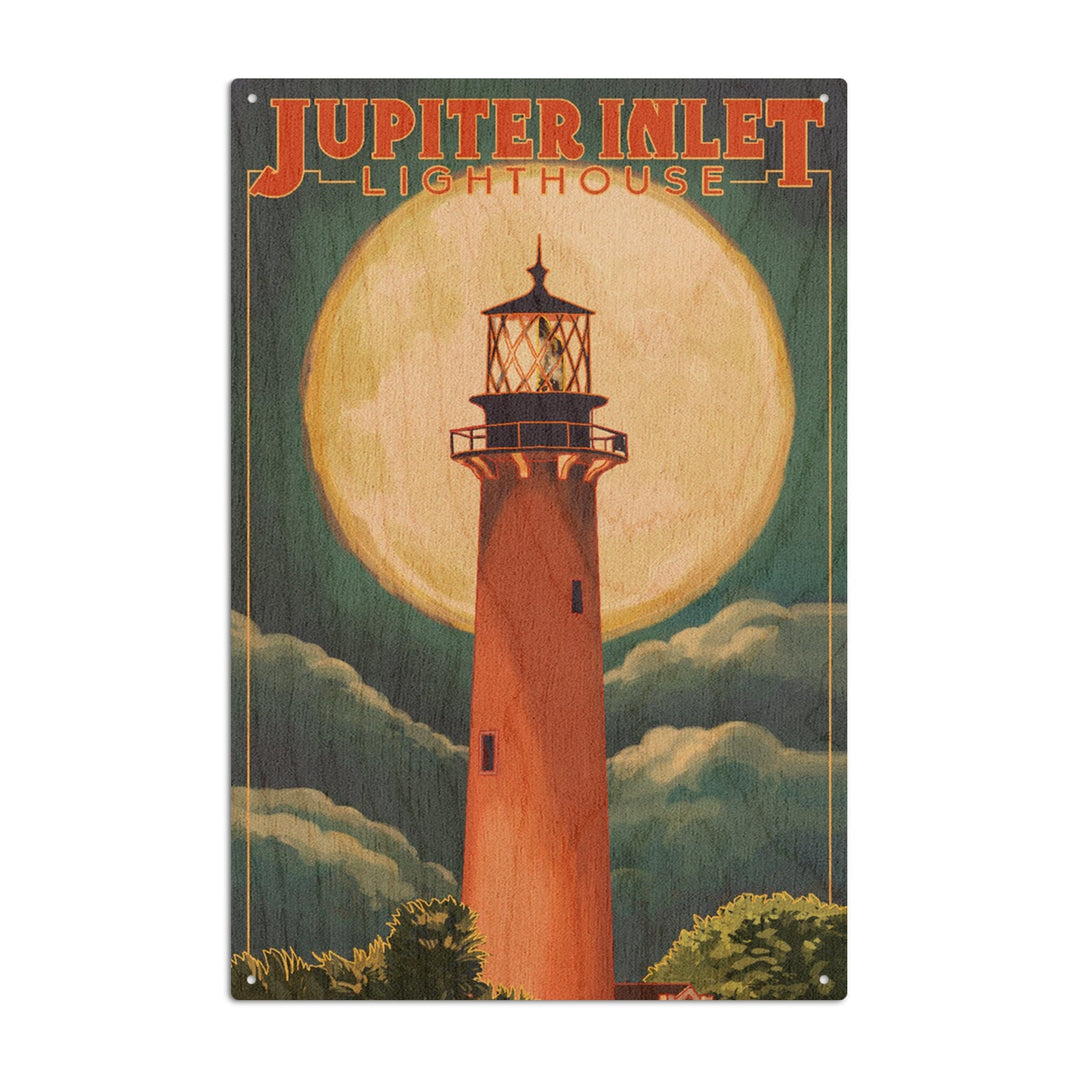 Jupiter, Florida, Jupiter Lighthouse and Moon, Lantern Press Artwork, Wood Signs and Postcards - Lantern Press