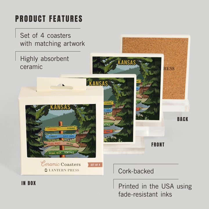 Kansas, Signpost, Forest and Camp, Coasters Coasters Lantern Press