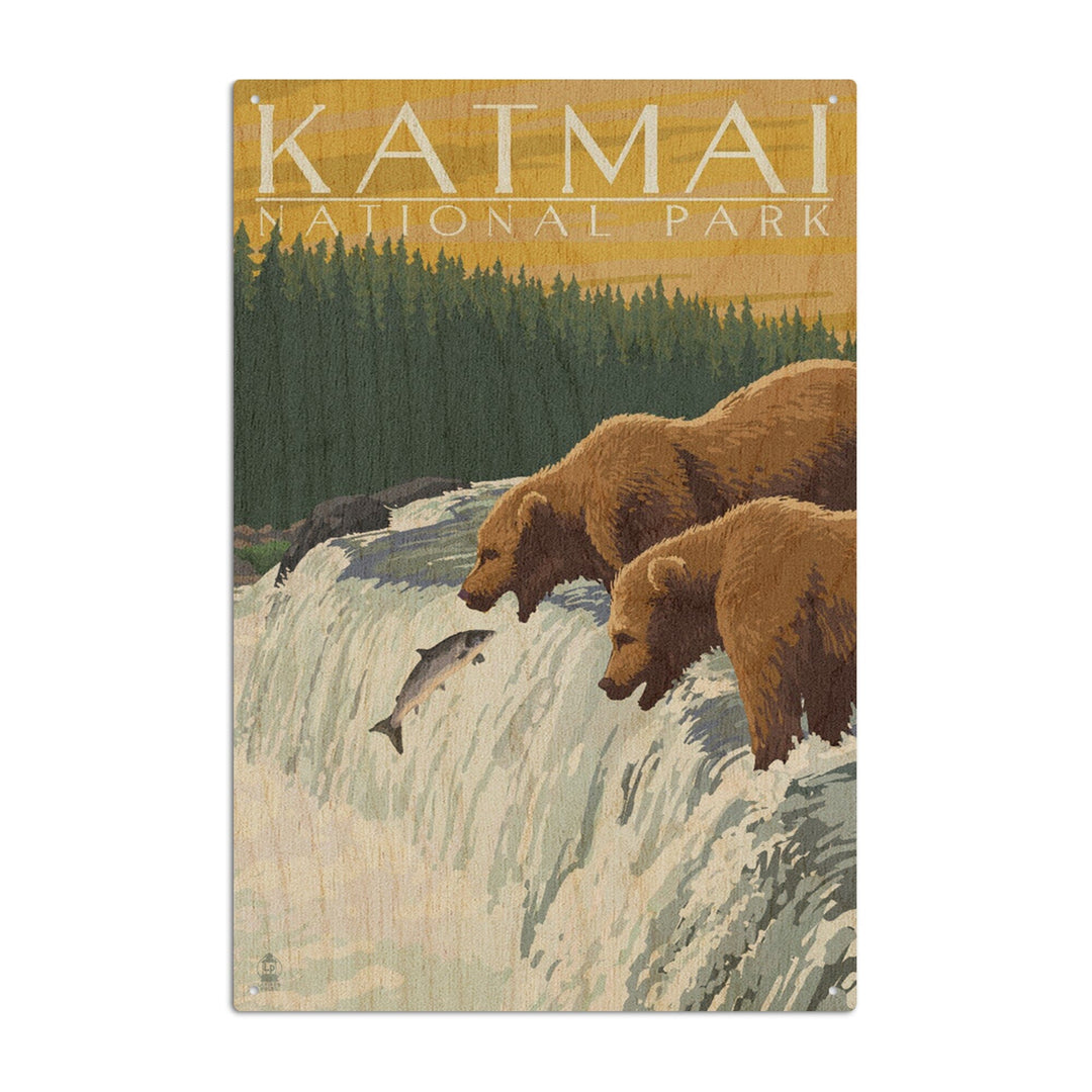 Katmai National Park, Alaska, Bears, Lantern Press Artwork, Wood Signs and Postcards - Lantern Press