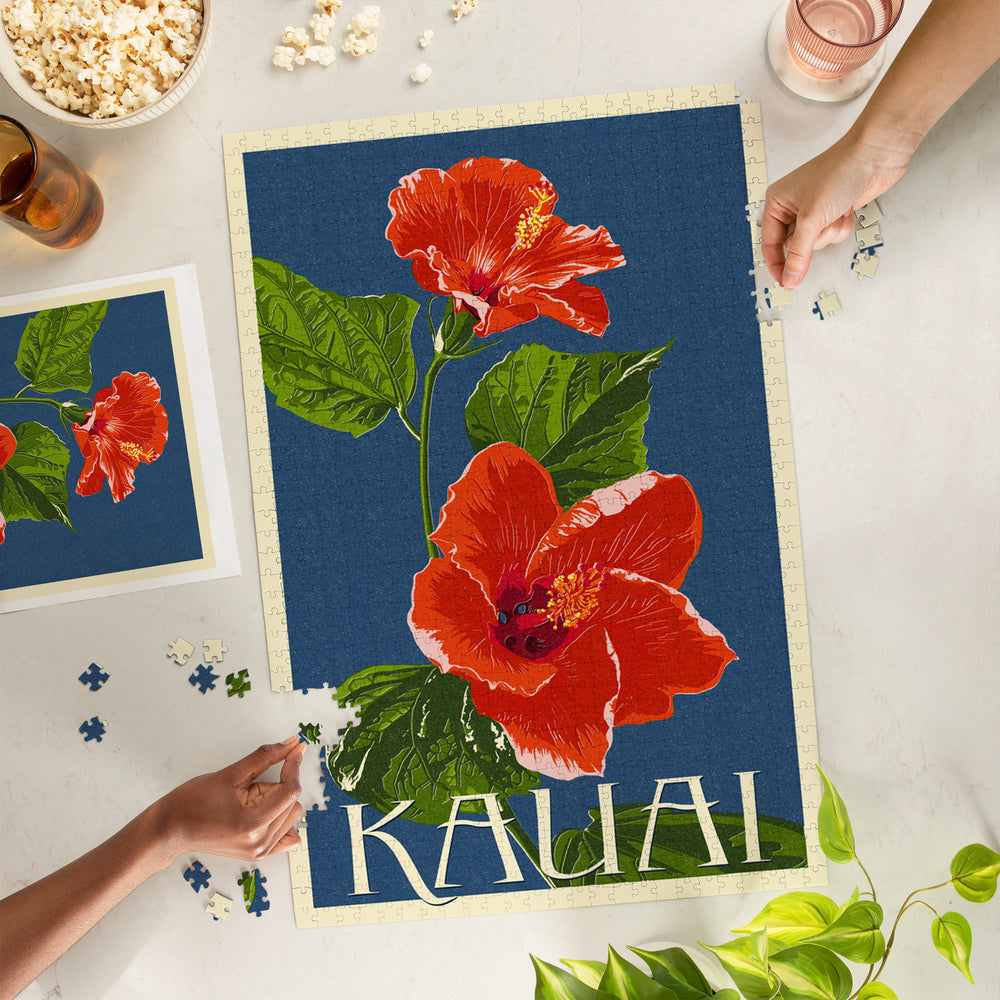 Kauai, Hawaii, Red Hibiscus, Letterpress, Jigsaw Puzzle Puzzle Lantern Press