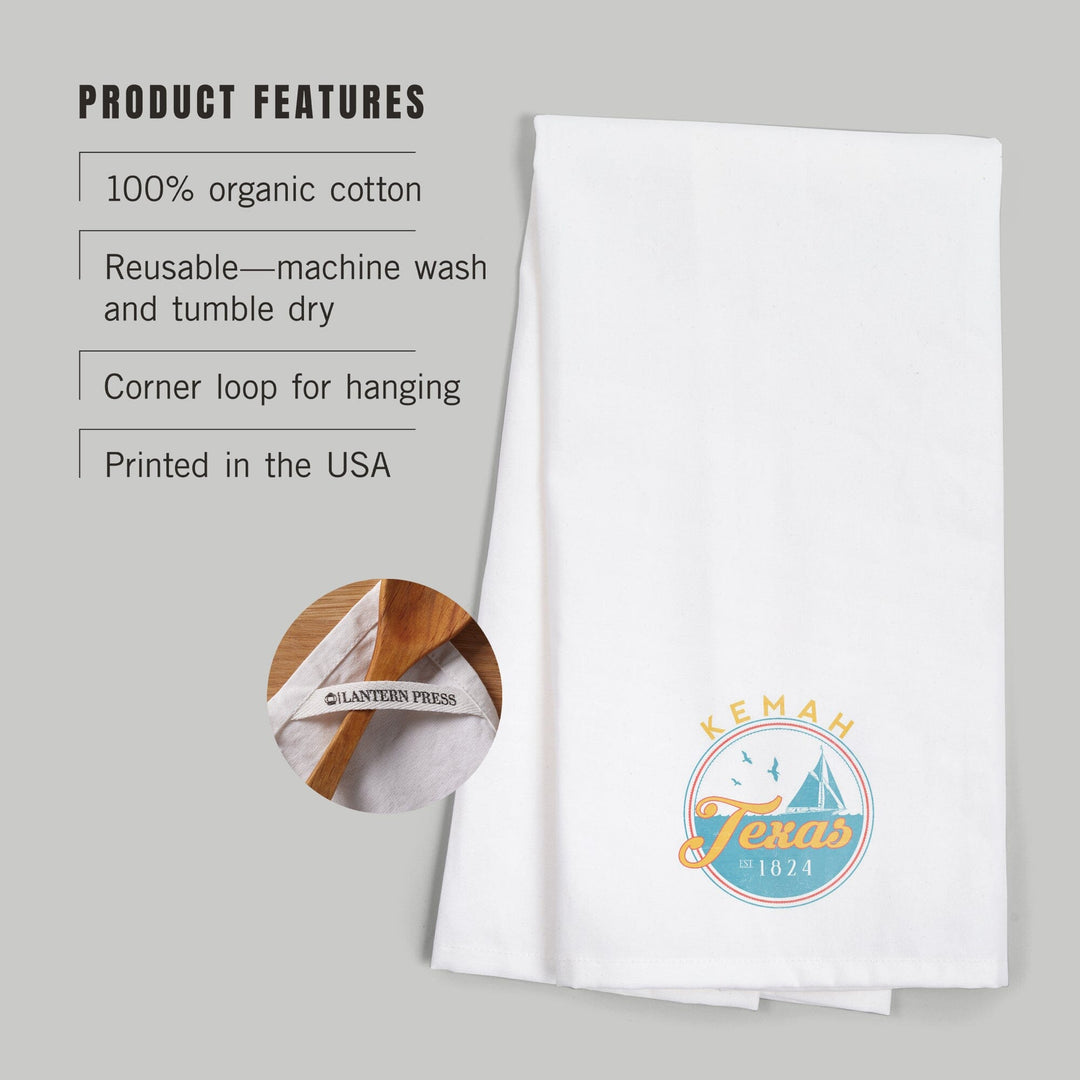 Kemah, Texas, Sail Boat Scene, Contour, Organic Cotton Kitchen Tea Towels Kitchen Lantern Press