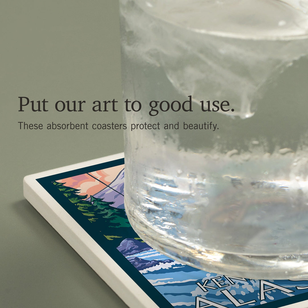 Kenai River, Alaska, Angler Fly Fishing Scene (Leaping Trout), Coasters Coasters Lantern Press