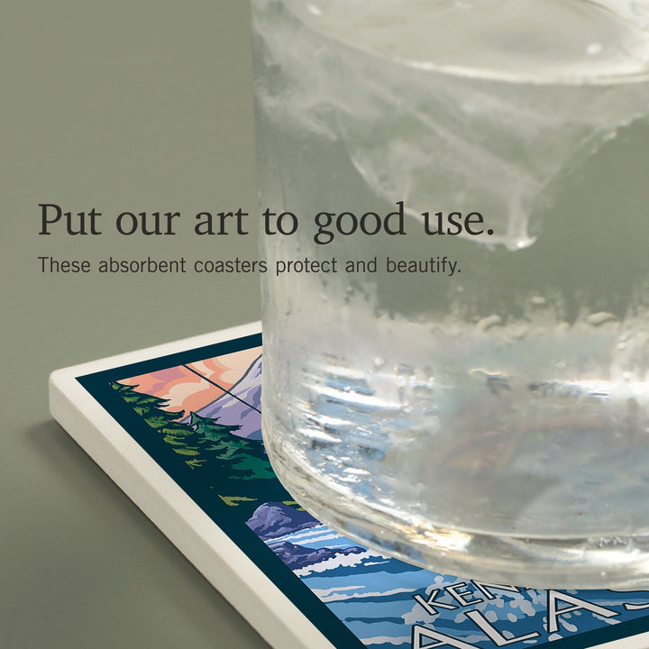 Kenai River, Alaska, Angler Fly Fishing Scene (Leaping Trout), Coasters Coasters Lantern Press