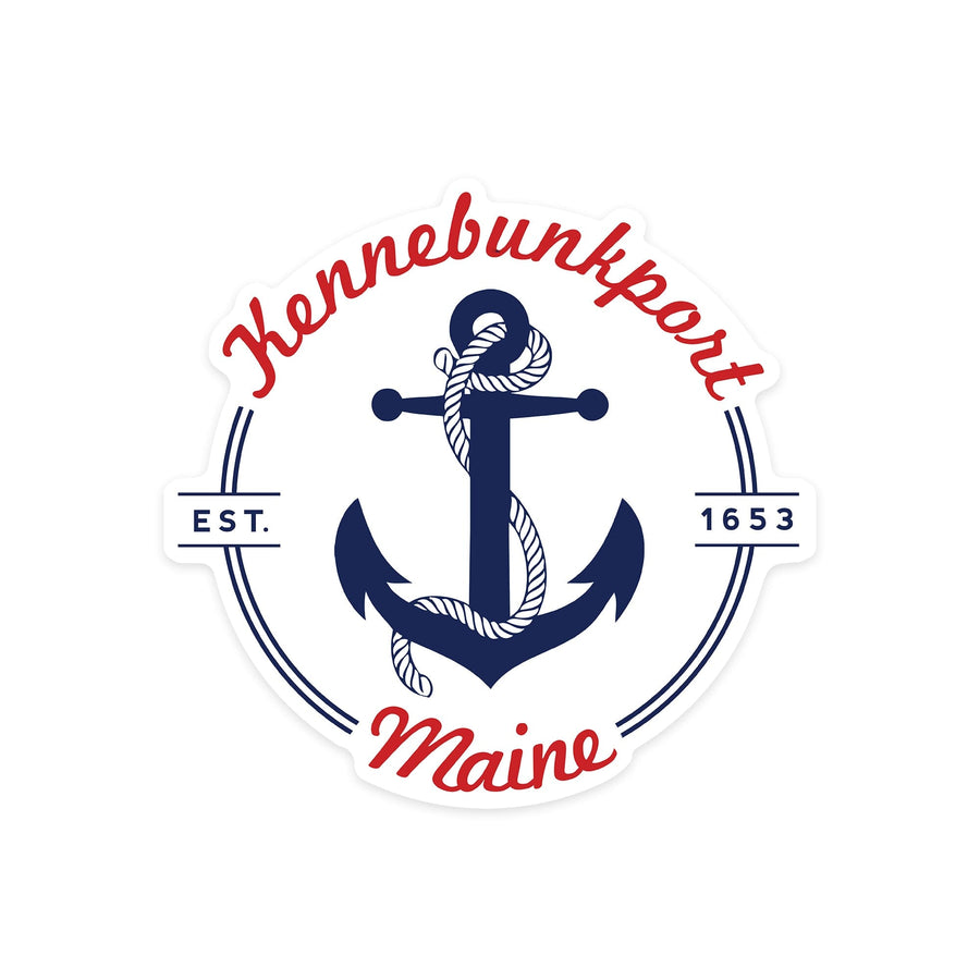 Kennebunkport, Maine, Blue and White Anchor, Red Font, Contour, Vinyl Sticker - Lantern Press