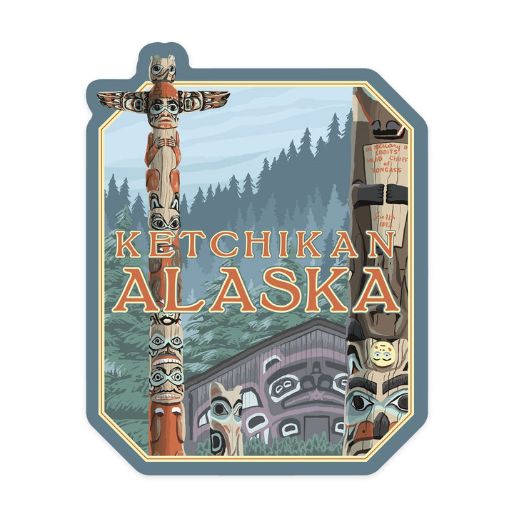 Ketchikan, Alaska, Alaska Totem Poles, Contour, Vinyl Sticker Sticker Lantern Press