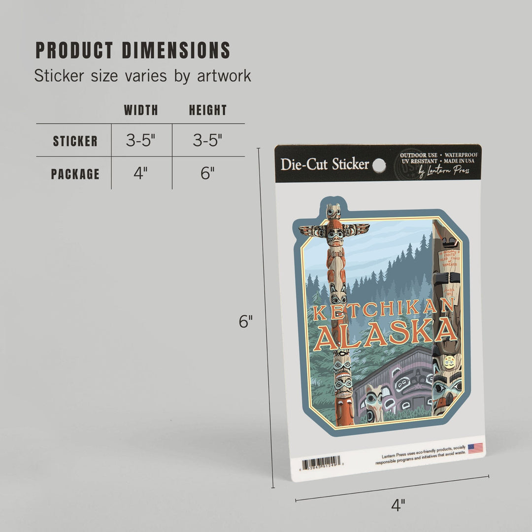 Ketchikan, Alaska, Alaska Totem Poles, Contour, Vinyl Sticker Sticker Lantern Press