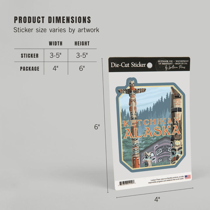 Ketchikan, Alaska, Alaska Totem Poles, Contour, Vinyl Sticker Sticker Lantern Press