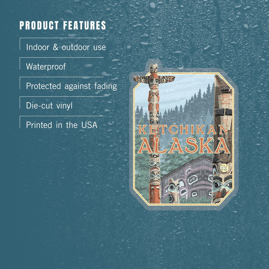 Ketchikan, Alaska, Alaska Totem Poles, Contour, Vinyl Sticker Sticker Lantern Press
