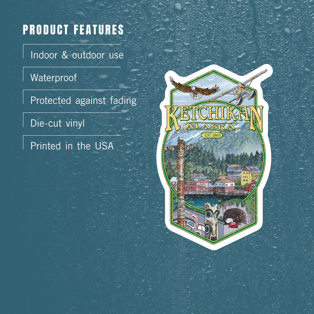 Ketchikan, Alaska, Montage, Contour, Vinyl Sticker Sticker Lantern Press