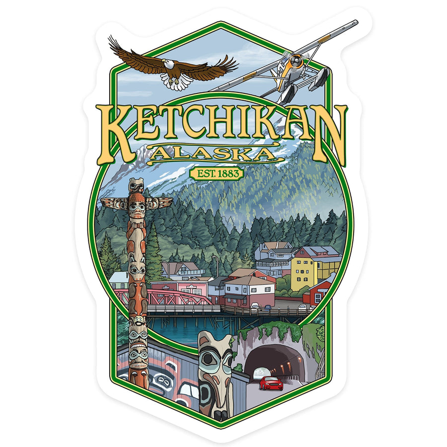 Ketchikan, Alaska, Montage, Contour, Vinyl Sticker Sticker Lantern Press