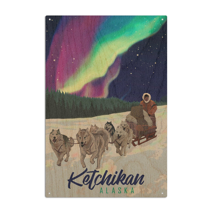 Ketchikan, Alaska, Northern Lights, Dog Sled, Lantern Press Artwork, Wood Signs and Postcards - Lantern Press