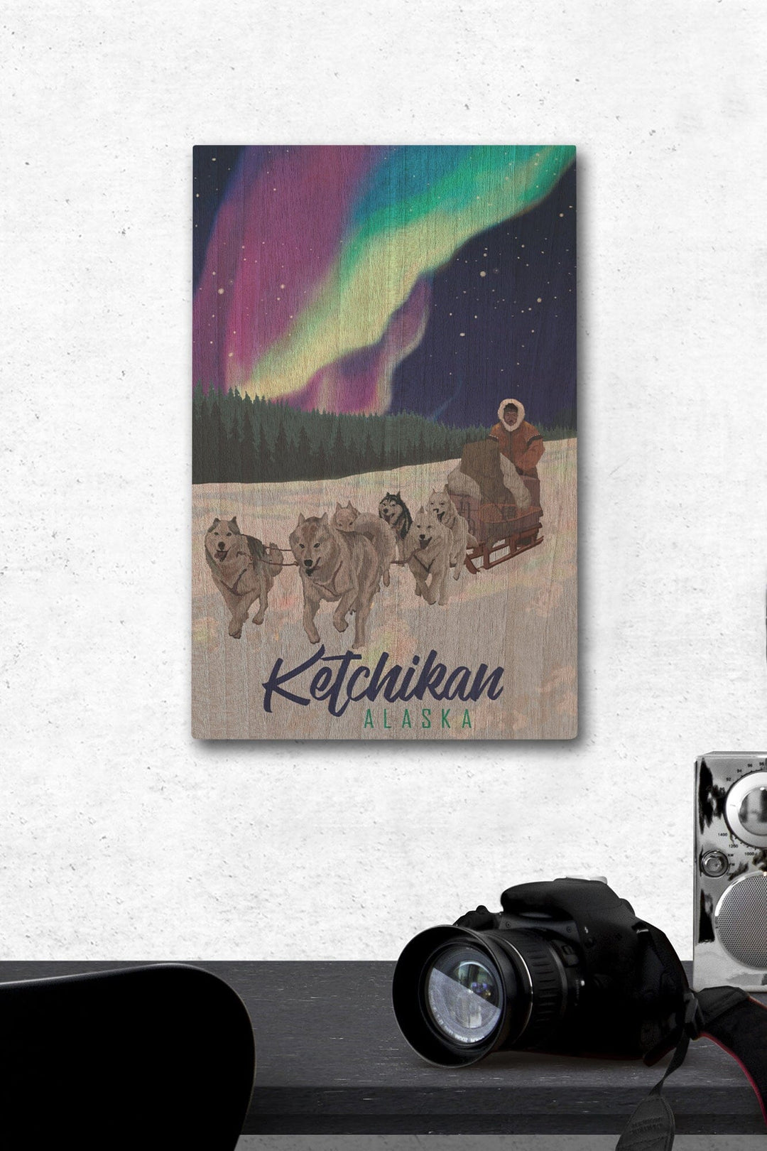 Ketchikan, Alaska, Northern Lights, Dog Sled, Lantern Press Artwork, Wood Signs and Postcards - Lantern Press