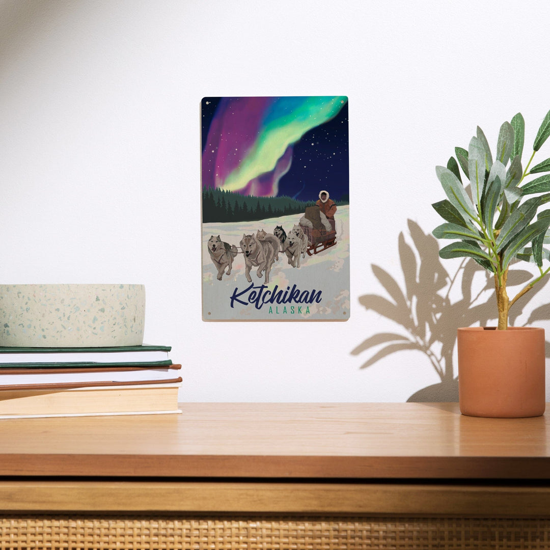 Ketchikan, Alaska, Northern Lights, Dog Sled, Lantern Press Artwork, Wood Signs and Postcards - Lantern Press