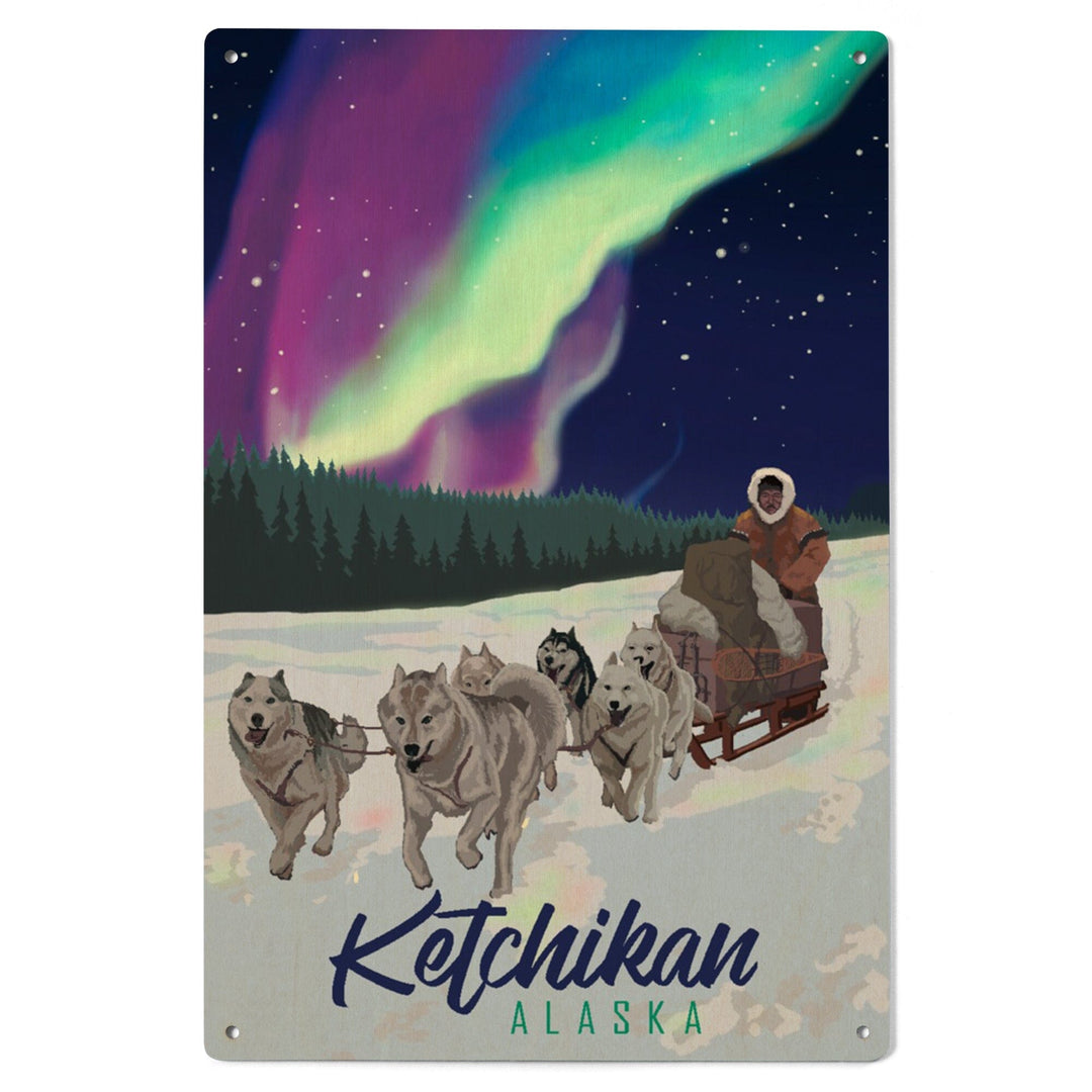 Ketchikan, Alaska, Northern Lights, Dog Sled, Lantern Press Artwork, Wood Signs and Postcards - Lantern Press