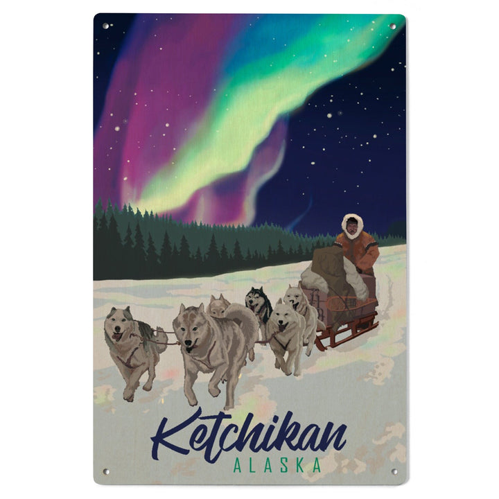 Ketchikan, Alaska, Northern Lights, Dog Sled, Lantern Press Artwork, Wood Signs and Postcards - Lantern Press