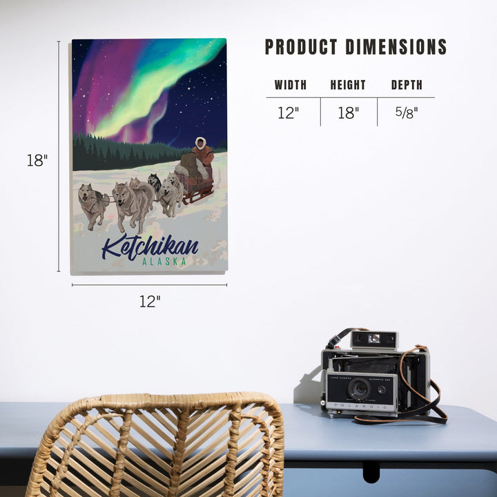 Ketchikan, Alaska, Northern Lights, Dog Sled, Lantern Press Artwork, Wood Signs and Postcards - Lantern Press