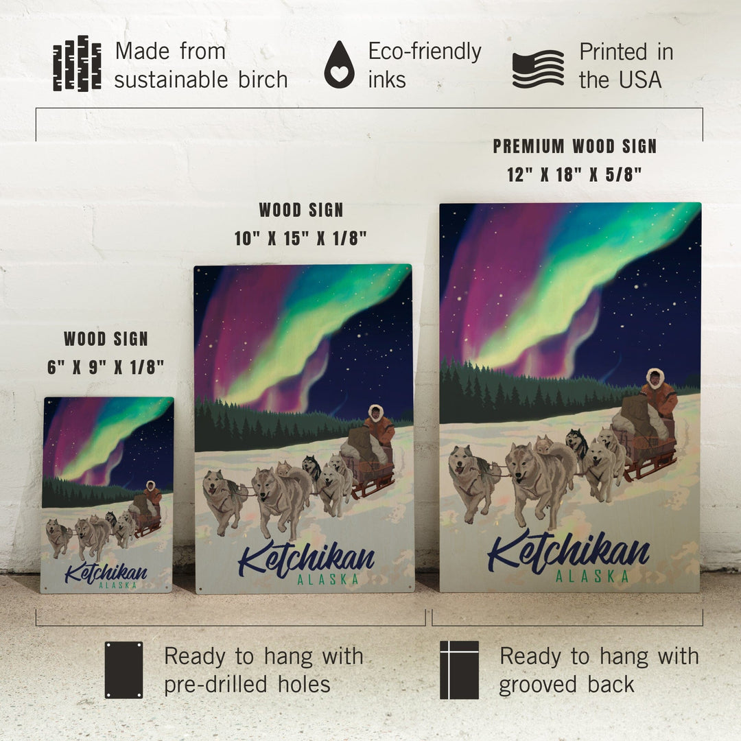 Ketchikan, Alaska, Northern Lights, Dog Sled, Lantern Press Artwork, Wood Signs and Postcards - Lantern Press