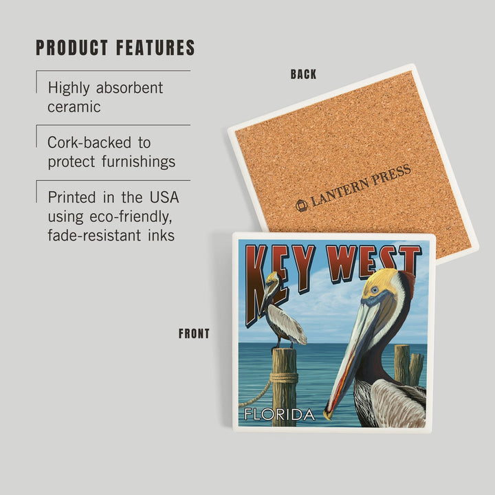 Key West, Florida, Brown Pelican, Coasters Coasters Lantern Press