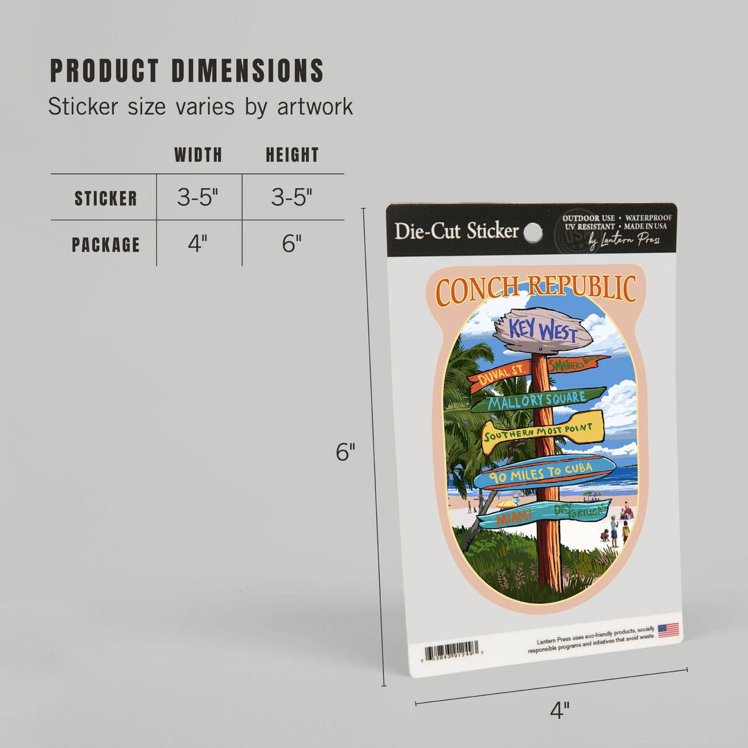 Key West, Florida, Conch Republic, Destination Signs, Contour, Lantern Press Artwork, Vinyl Sticker - Lantern Press