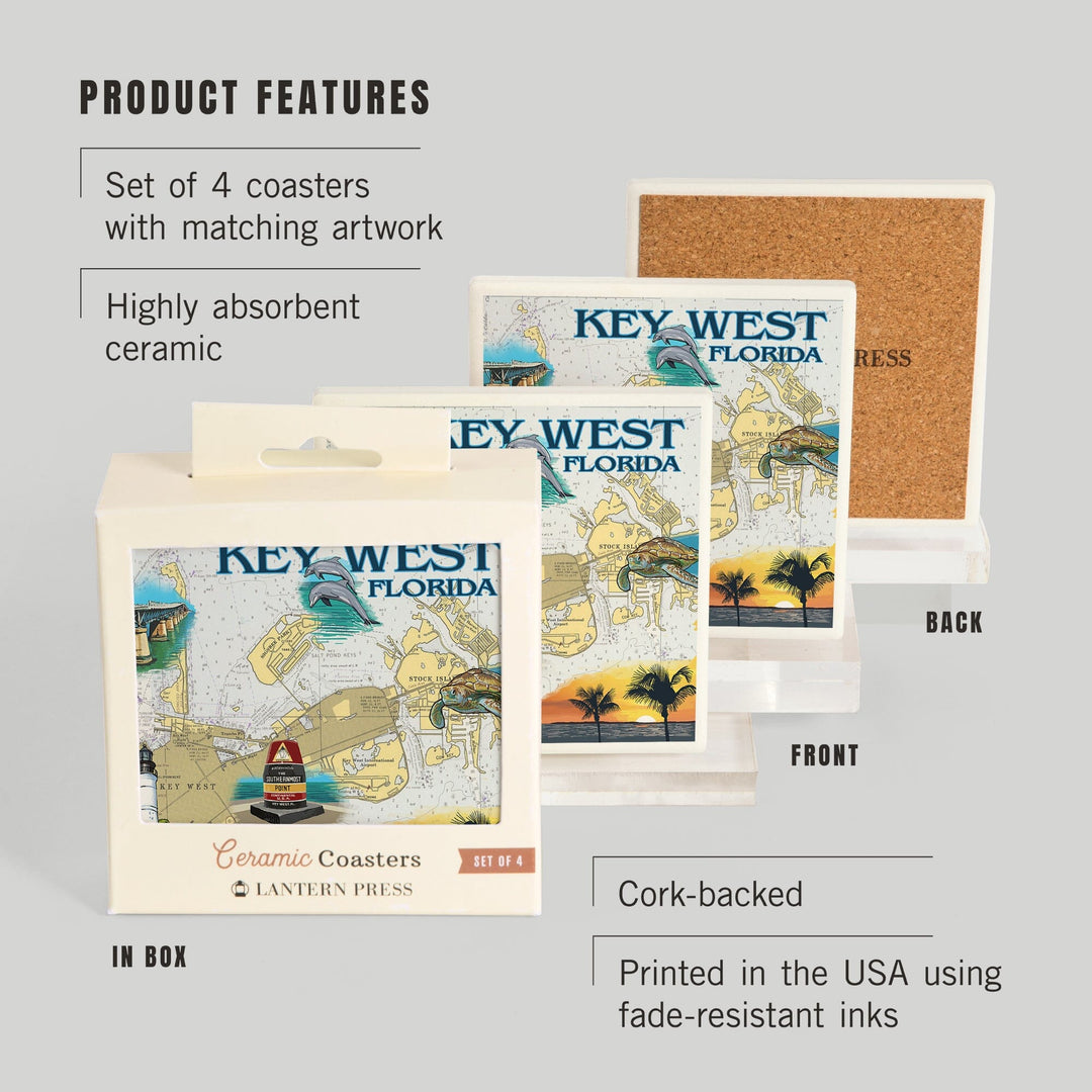 Key West, Florida, Nautical Chart, Coasters Coasters Lantern Press