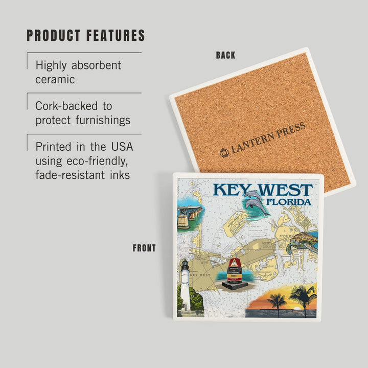 Key West, Florida, Nautical Chart, Coasters Coasters Lantern Press