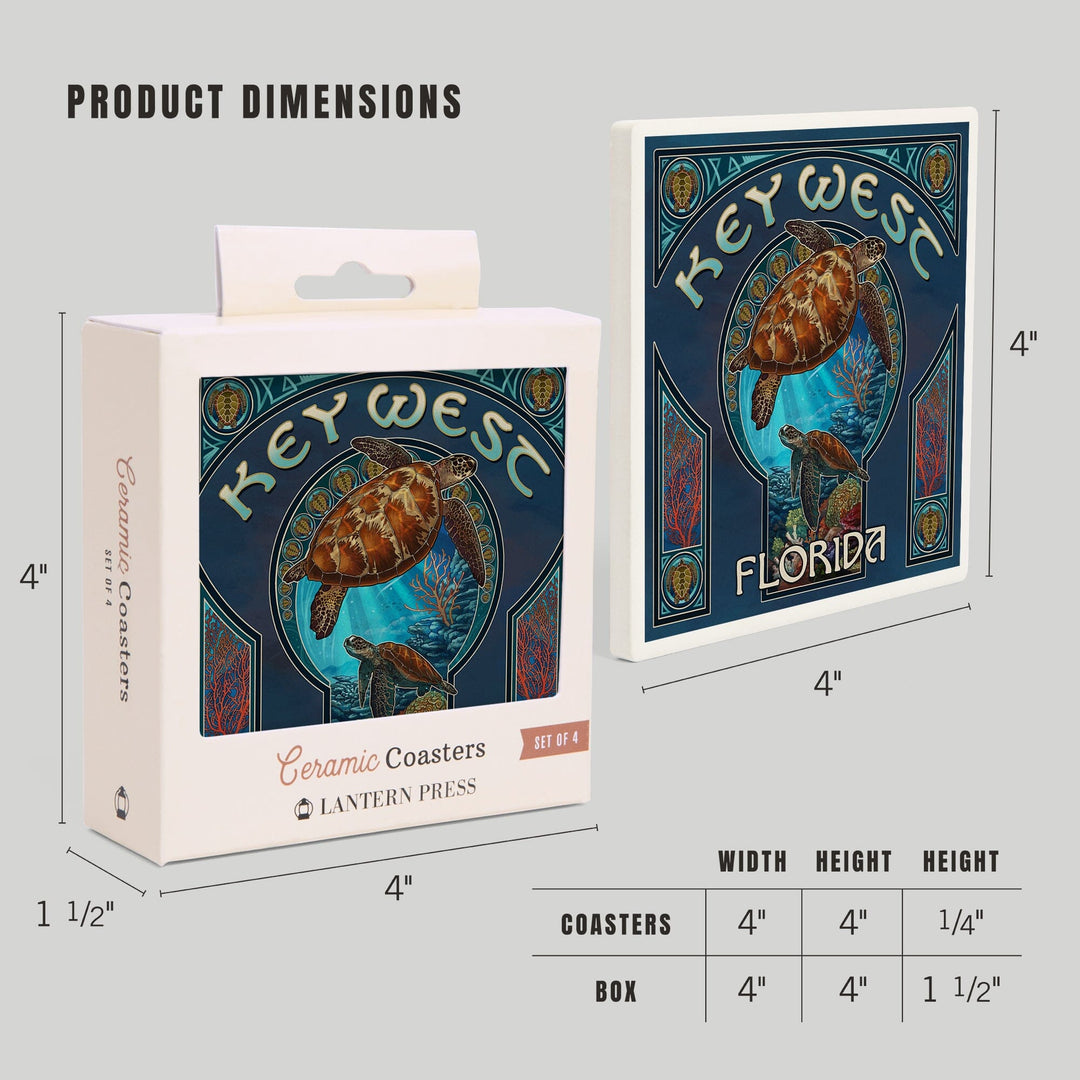 Key West, Florida, Sea Turtle Art Nouveau, Coasters Coasters Lantern Press