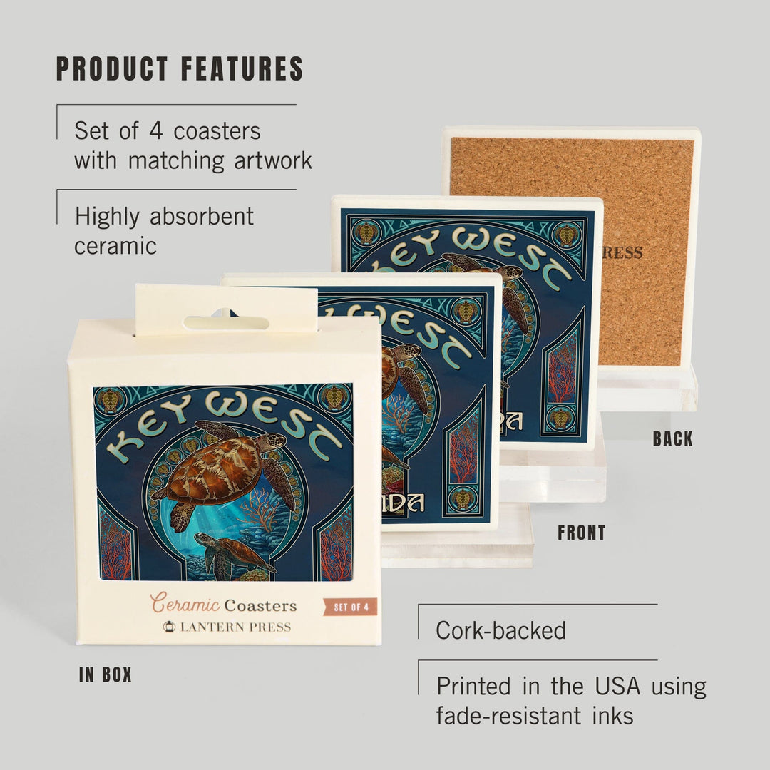Key West, Florida, Sea Turtle Art Nouveau, Coasters Coasters Lantern Press