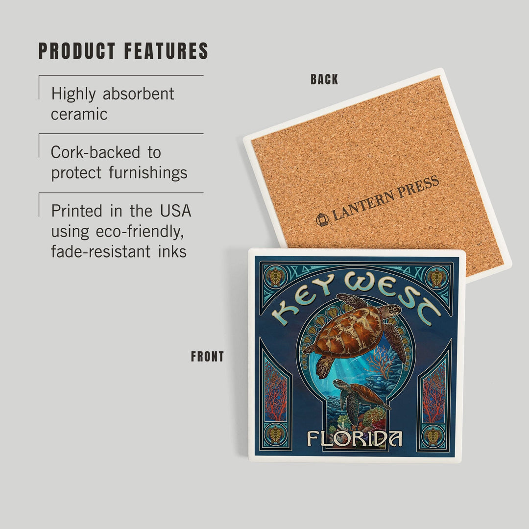 Key West, Florida, Sea Turtle Art Nouveau, Coasters Coasters Lantern Press