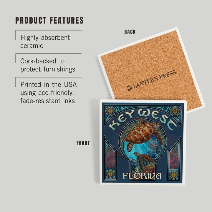 Key West, Florida, Sea Turtle Art Nouveau, Coasters Coasters Lantern Press