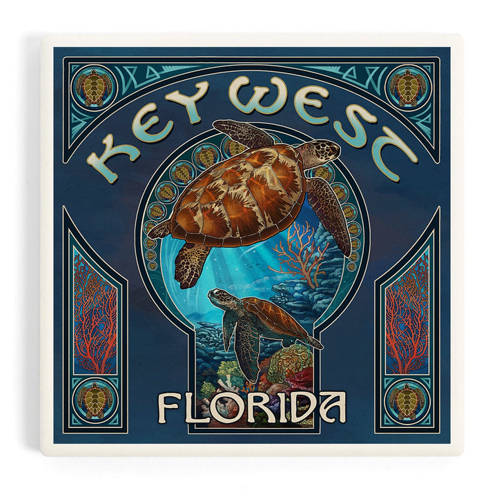 Key West, Florida, Sea Turtle Art Nouveau, Coasters Coasters Lantern Press Coaster